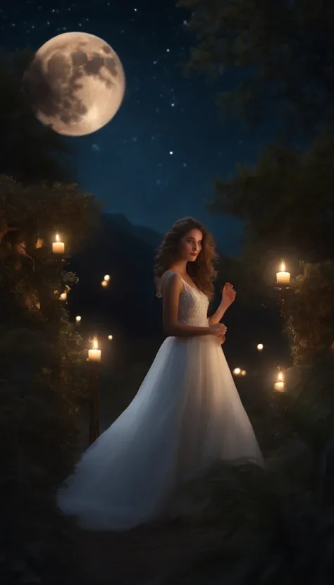 (best quality,4k,8k,highres,masterpiece:1.2),ultra-detailed,(realistic,photorealistic,photo-realistic:1.37),dancing stars in the night sky, ethereal atmosphere, ancient setting, moonlit night, enchanting scene, beautiful moon, graceful girl