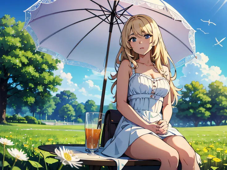 1anime girl sitting in nature at a white table under an umbrella and drinking from a glass, Beautiful girl in close plan, Average Breasts, beautiful hair, Tender Scene, Depth of field, Beautiful trees and flowers in the background, super detaill, detailize...