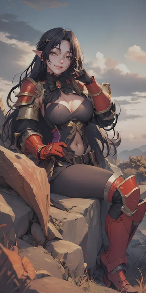 breasts, purple_eyes, long_hair, pointy_ears, bodysuit, looking_at_viewer, parted_bangs, gloves, large_breasts, belt, sitting, sky, armor, outdoors, cloud, solo, bangs, covered_navel, smile, gauntlets, thighs, shoulder_armor, weapon, cloudy_sky, rock, purp...