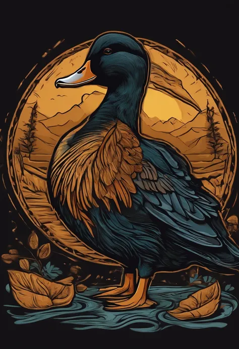 duck illustration for a sticker with a black background, in bold outline style, jagged edges, trashcore, light shading