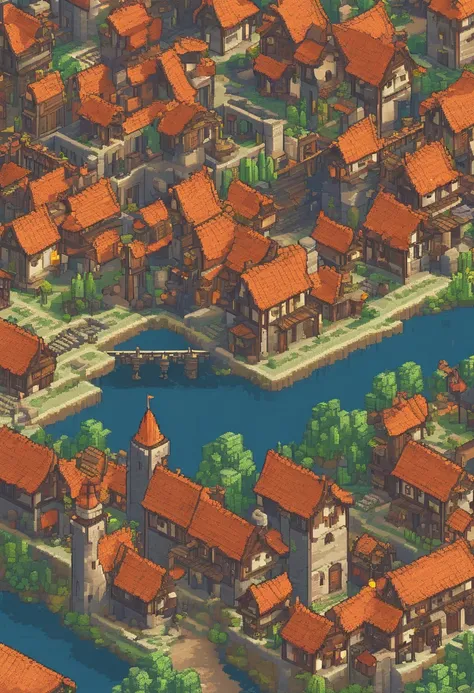 Horizontal cartoon medieval town。