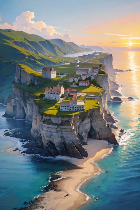 "Capture a breathtaking photorealistic scene of a small coastal village nestled between rugged cliffs and the vast expanse of the sea. The village is bathed in the soft, warm glow of the setting sun, casting long, golden shadows on the weathered cottages a...