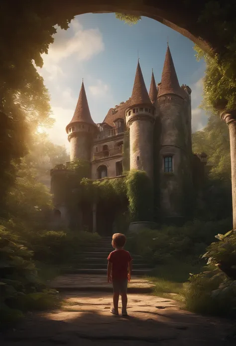 Uncompressed high-resolution RAW photo:0.8), Abandoned overgrown castle mansion in the forest, (twilight), Sun, beautiody, Interesting lights and shadows, Focus blur:0.4, Masterpiece, (extremely detailed CG unity 8k wallpaper), 8k render, Wide-angle full-b...