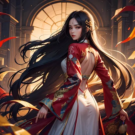 The young woman ,Stand with your back to you..., long straight hair., Ancient hanfu with beautiful patterns.., Bloody clothes.