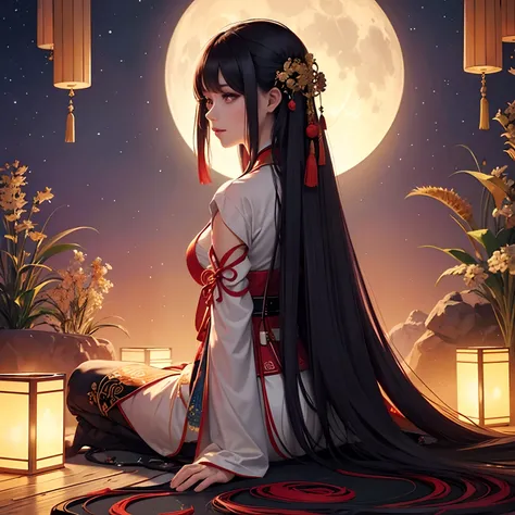 The young woman ,Sit with your back to your back.., long straight hair., Ancient hanfu with beautiful patterns.., Bloody clothes..... Moon and Night