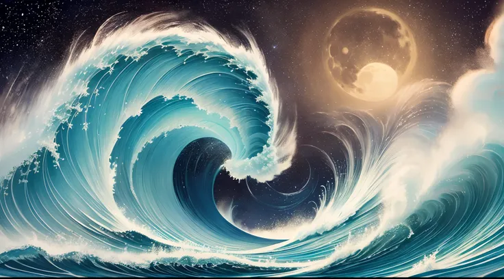 ((Masterpiece)), (((Best quality))), ((Ultra-detailed)), ((illustration)),[realism light effect], [。.3D] A realistic reproduction of Kanagawa waves in the style of Van Gogh on a starry night，themoon