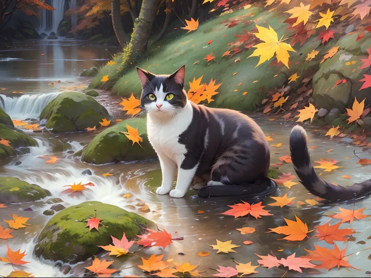 A round-eyed cat, Autumn autumn leaves, Small streams,steins