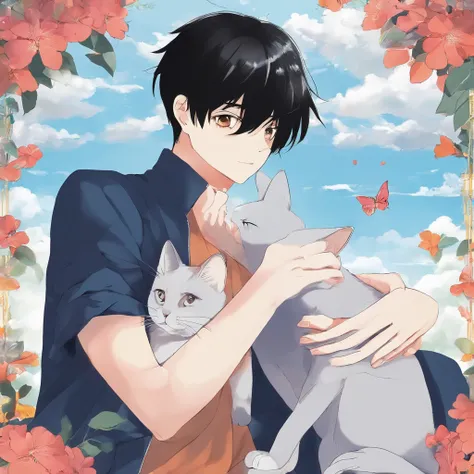 A boy with，Black hair，Big brown eyes，Blue sky background，A cat in his arms，tezuka osamu，A high resolution，Best quality at best，ultraclear