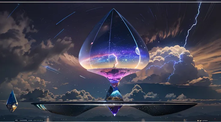 Miniature teardrop-shaped crystal cosmic elliptical ship，，Skysky，dark stormy clouds，Sky full of lightning， It will be a thunderstorm，