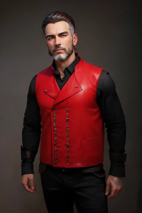 A man dressed in a red vest and black shirt posing for a photo, Gilet rouge, Gilets et corsets, Le mannequin porte un gilet technique, Porter un gilet rouge, queue rouge, gilet, steampunk clothes, Porter un gilet, porter un gilet, Porter un gilet, inspired...