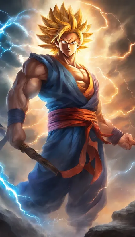 songoku is extremely instinctive, cool, cold eyes, eyes with lightning, full body, energy radiating from the body, (thunder surrounds the body), hair like fire, super detailed, extremely realistic, extremely realistic, 8k