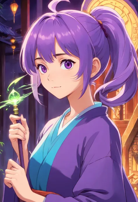 Purple ponytail, beauty, one girl, black eyes, mage