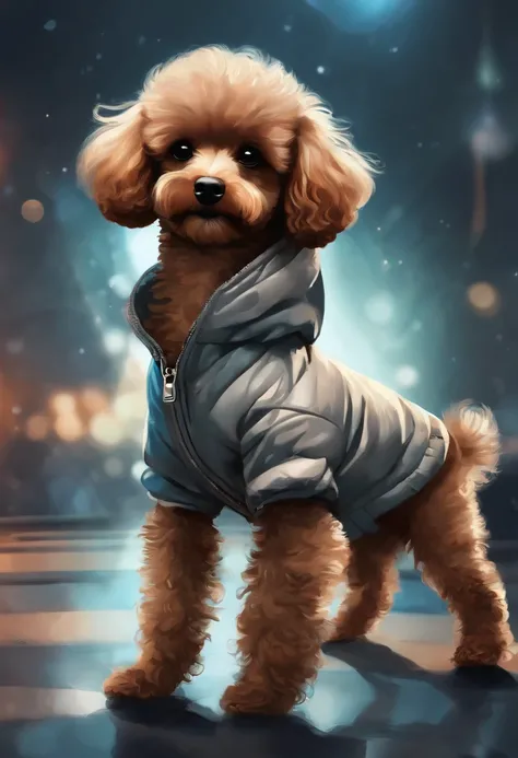 Perfect centering, Cute baby brown poodle, Wearing a student jacket, Wear sunglasses, Wearing headphones, standing position, abstract beauty, centered, Looking at the camera, Facing the camera, Near-perfect, Dynamic, moonlit glow, highly detaild, digital p...