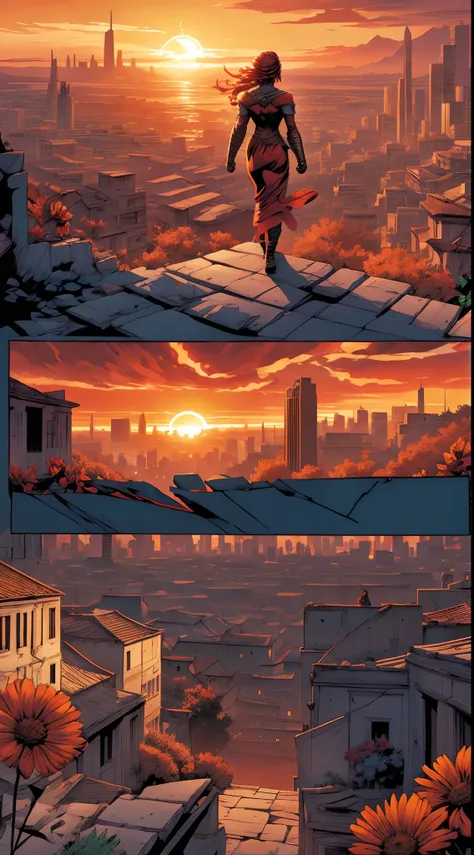 (comic strip), flame woman,facing the dawn, standing, victory, flowers, dawn, the shattered city background,