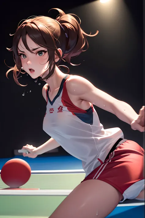 (Best Quality,8K,hight resolution,masuter piece:1.2),Ultra-detailed,Realistic:1.37,Portrait,Dynamic Angle,(Female　table tennis　player,table tennis) ,Teenage girl,small head,Cute,Sporty,Charming face,Detailed beauty face,Very realistic skin,Wet skin,Sweat,L...