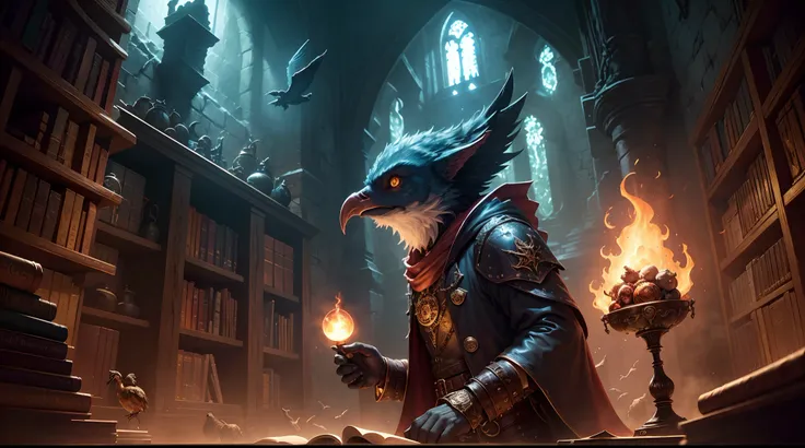 Sorcerers Library,harry potter,fantasy things,steampunk,dark and things,hogsward,birds,4k,high quality,fantastic,infrared,creative,chiaroscuro,one sexy girl,other not human dantasy bowel,fantasy birds,fire library,fantasy and dark world