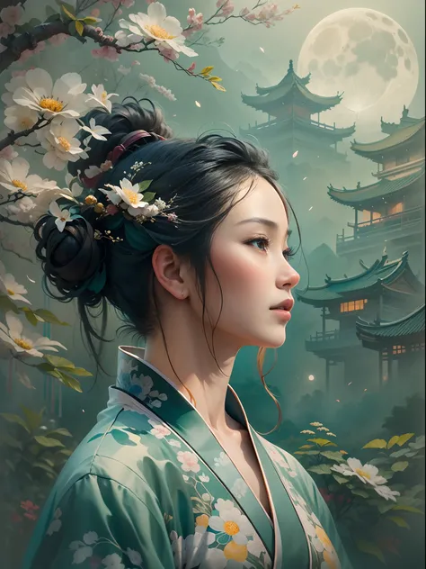 Woman in traditional Chinese clothing, head looking up，with his back to the viewer, In a peaceful setting，Inspired by Chinese poetry. artwork of a, Created using oil painting techniques, Grab your audiences attention. The moon in the sky shines brightly, C...