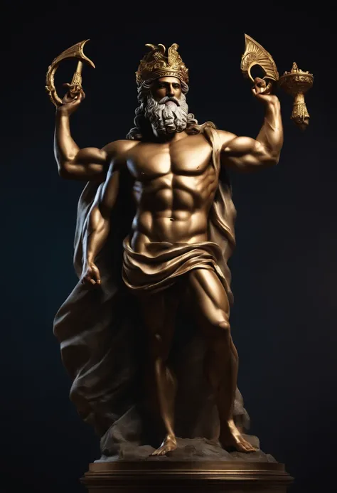 Zeus sovereign of other Greek gods which is the Greek historical status with Hercules profile muscles Cinematic 8k and dark background facing