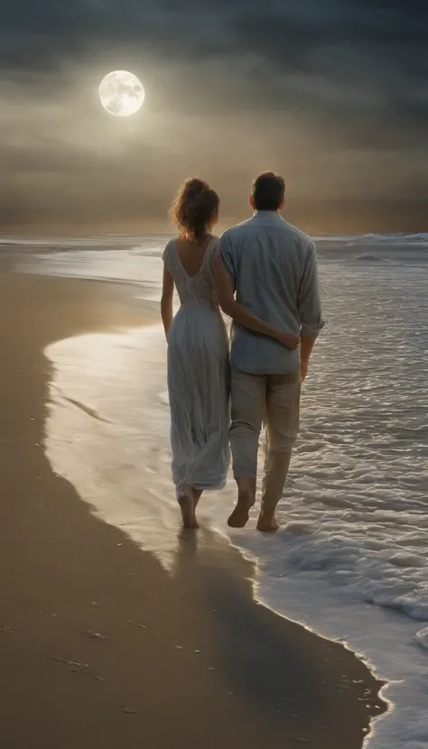 Couple holding hands, walking on the beach in the moonlight from the front --auto --s2