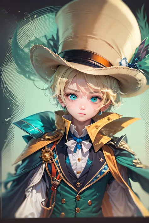 Draw a boy wearing a magician costume with blue details. He has green and orange eyes, is 1.60 meters tall, has blonde hair and white skin. Make an image focusing on the face.