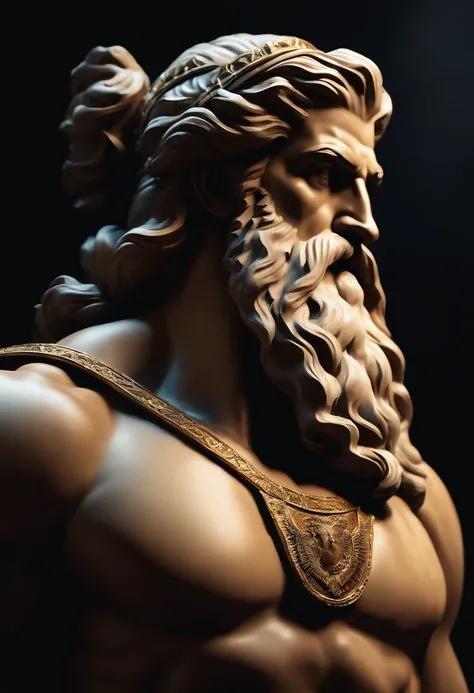 Face of Zeus sovereign of other Greek gods which is the Greek historical status with Hercules profile muscles Cinematic 8k and dark background