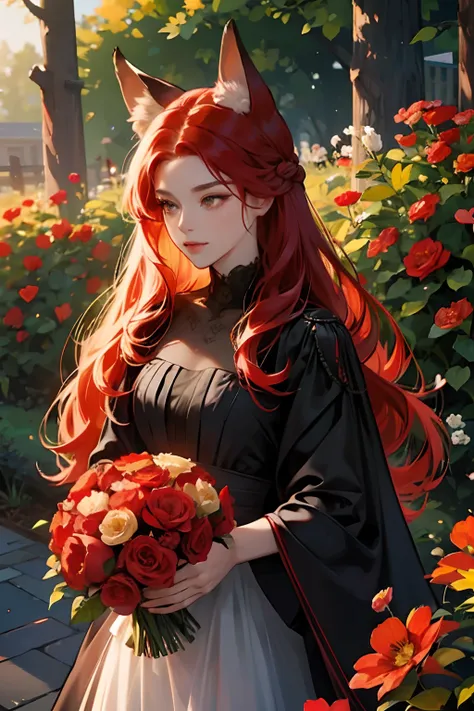 red tinted hair，Red fox ears，Golden eyes，In the garden，Black wedding dress，flower bouquet，florals