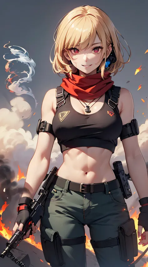 top-quality、Top image quality、​masterpiece、girl with((18year old、Blue navel tank top、Military pants、Best Bust、Bust 90、Blonde Away Tail、Red Eyes、open chest wide、Valley、Happiness、A slender、ssmile、black bandana、Holding a revolver in your right hand,Earphone j...