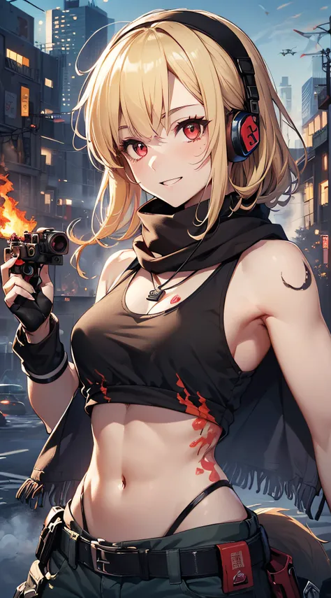 top-quality、Top image quality、​masterpiece、girl with((18year old、Blue navel tank top、Military pants、Best Bust、Bust 90、Blonde Away Tail、Red Eyes、open chest wide、Valley、Happiness、A slender、ssmile、black bandana、Holding a revolver in your right hand,Earphone j...