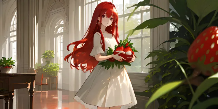 (masterpiece, best quality),long hair, red hair, plant, looking at viewer, grey eyes, bag, indoors, holding, bangs,  solo focus, white dress, standing, white dress, 1girl, strawberry jewelry, strawberry earrings, hair between eyes, open