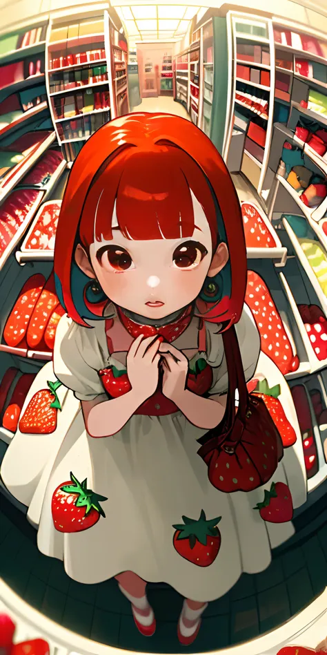 (masterpiece, best quality), (colorful:1.4), from above, solo, 1girl standing in a store with lots of stuffed strawberry toys on the shelves and a bag of stuff, depth of field, fisheye lens, white dress with strawberry print , strawberry earrings, red hair...