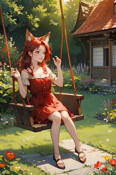 red tinted hair，Red fox ears，Golden eyes，In the garden，sitting on a swing