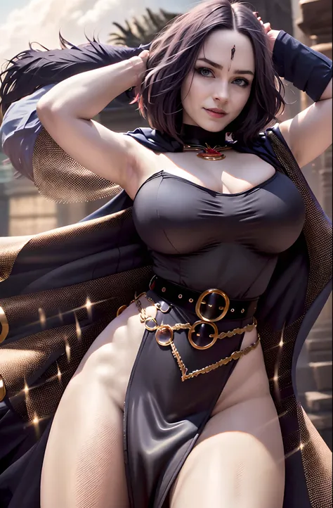 enjinight as raven, solo cowboy shot, shortstackbt, pale skin, black leotard, turtleneck, sexy hip and thighs, very large hips, ...