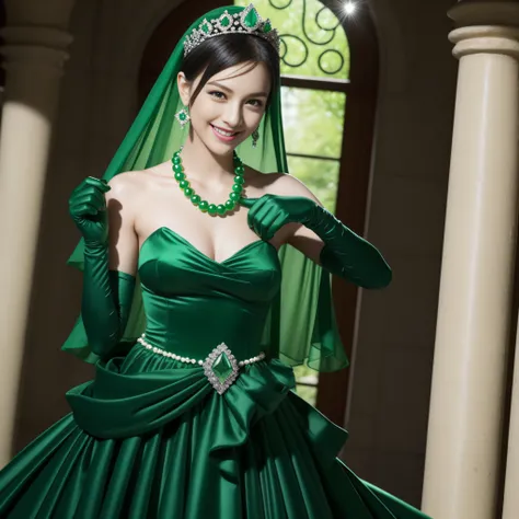 emerald tiara, Green Pearl Necklace, Boyish very short black hair, lipsticks, Japan woman smiling, very short short hair, big breasts beautiful, Green eyes, Long green gloves made of satin material, Green eyes, Emerald Earrings