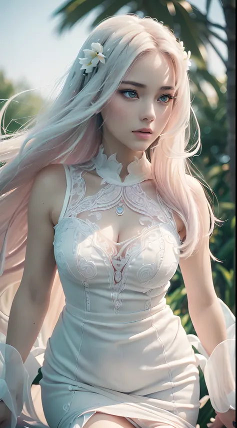 (Best quality,4K,8K,A high resolution,Masterpiece:1.2),Ultra-detailed,(Realistic,Photorealistic,photo-realistic:1.37),sportrait,Women,Long flowing hair,Off-white iris,vacant gaze,Plump pink lips,The ends of the hair have white flowers,Graceful figure,Mediu...