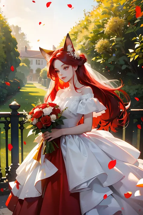 red tinted hair，Red fox ears，Golden eyes，In the garden，White wedding dress，flower bouquet，florals，Black European railing