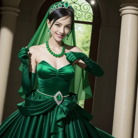 emerald tiara, Green Pearl Necklace, Boyish very short black hair, lipsticks, Japan woman smiling, very short short hair, big breasts beautiful, Green eyes, Long green gloves made of satin material, Green eyes, Emerald Earrings