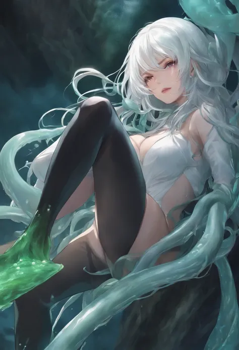 a white haired girl, with slime tentacles climbing up her legs, bottom view, struggling face,  hentai,