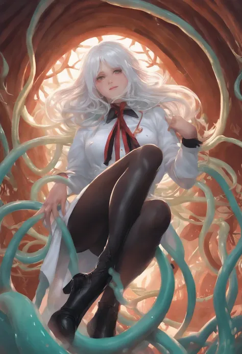 a white haired girl, with slime tentacles climbing up her legs, bottom view, struggling face,  hentai,