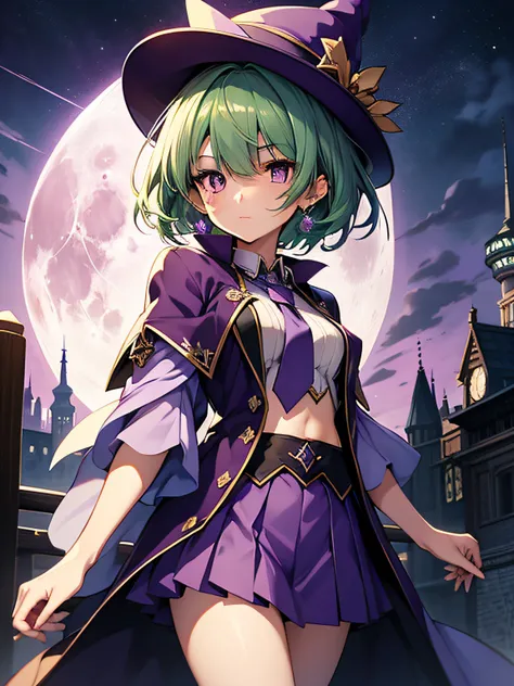 top-quality、extremely delicate and beautiful、Beautiful illustration、top-quality、(A teenage girl)、Purple Eye、Green hair、short-haired、(Purple pointy hat)、Purple tie、Soio、shortsleeves、Purple skirt、Purple Wizard Robe、Navel、is standing、Full moon night on backgr...