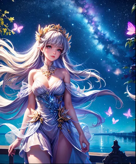 Cute girl characters、the met、Skyscrapers serve as a background、Describes a scene with butterflies lying on the water flying around, Looking up at the starry sky. Surround her with colorful nebulae and her favorite constellations.