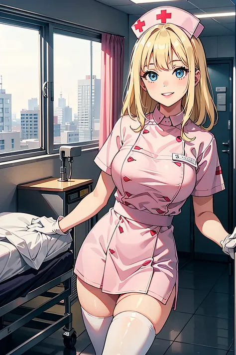 1girl, nurse, nurse cap, white wear, ((white legwear, zettai ryouiki)), white gloves, blonde hair, blue eyes, pink lips, smile, ...