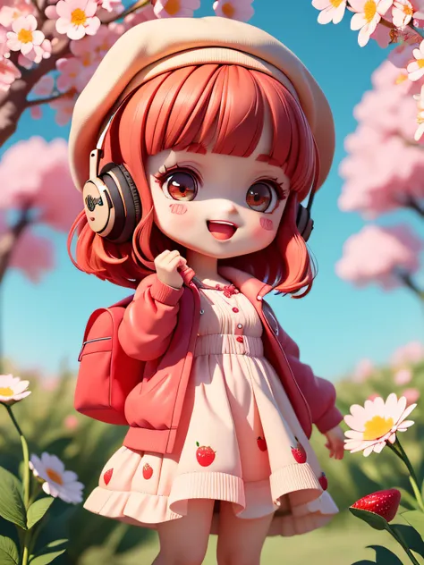 (masterpiece),(best quality),(ultra-detailed), (full body:1.2),
1girl,chibi,cute, smile, open mouth,
flower, outdoors,beret, holding strawberry backpack, jacket, blush, tree, :3, shirt, short red hair, cherry blossoms,  blurry, red hair, blush stickers, lo...