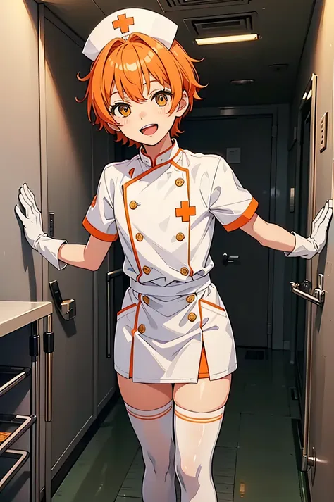 1boy, male focus, nurse, nurse cap, white wear, ((white legwear, zettai ryouiki)), white gloves, short hair, orange hair, smile, open mouth, standing, ((hospital room)), sharp outline, short sleeves, shota, 12 years old, best quality, masterpiece