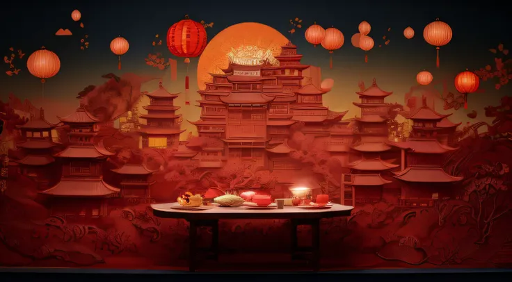 There is a table，It has mooncake fruit on top, dreamy Chinese towns, Chinese fantasy, by Ni Yuanlu, inspired by Wang Yi, inspired by Jiang Tingxi, Chinese style, Chinese palaces, inspired by Pan Tianshou, tea drinking and paper lanterns, shaxi,Paper cut st...