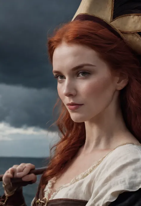 Red-haired female pirate，Wears a bayonet sword，Stand at the bow of the pirate ship，dark stormy clouds，Sexy clothes，A lot of sailors are working