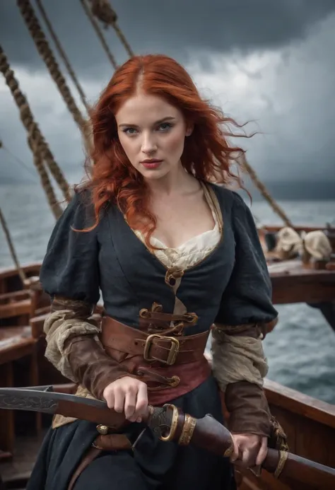 Red-haired female pirate，Wears a bayonet sword，Stand at the bow of the pirate ship，dark stormy clouds，Sexy clothes，A lot of sailors are working