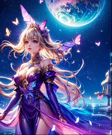 Cute girl characters、the met、Skyscrapers serve as a background、Describes a scene with butterflies lying on the water flying around, Looking up at the starry sky. Surround her with colorful nebulae and her favorite constellations.