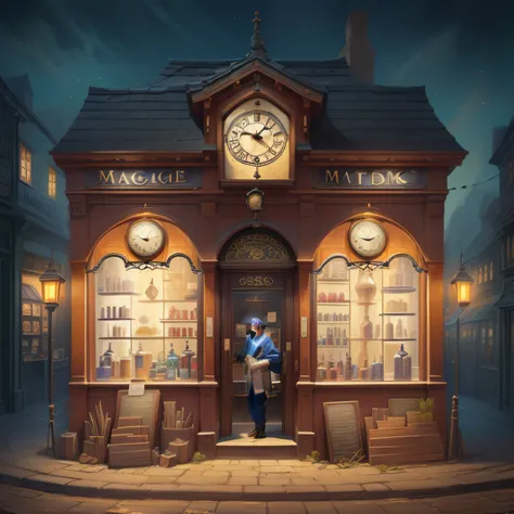 Illustration of a storefront with a clock and many bottles, Magic Shop, Inside an old magic shop, Background of Magic Lab, Setting Up Magic Lab, Magic Weapon Shop Window, magical concept art, Its in the wizards shop, MAGIC LIBRARY, magical items, concept a...