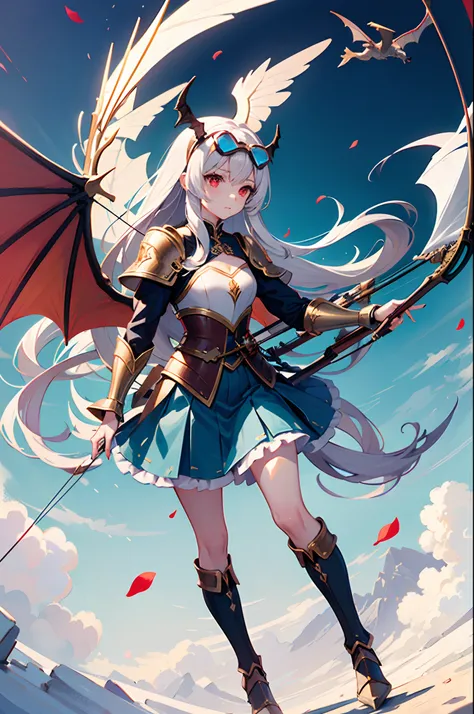 light blue long-haired girl, red eyes, wearing googles with wings on head, wearing white gold armor, petal mini skirt, weapon bow and arrow, archer, archery, flying, dragon wing, war in sky, many dragons flying in background, magic war, magic casting