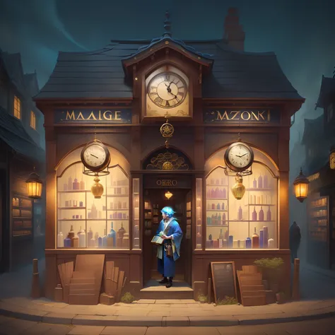 Beautiful boy in kimono standing in front of a store、Illustration of a storefront with a clock and many bottles, Magic Shop, Inside a shop of beautiful boys in kimono standing in front of an old demon shop, Background of Magic Lab, Setting Up Magic Lab, Ma...